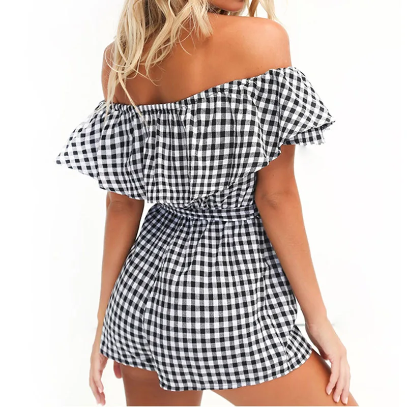 

Newly Women Sexy Ruffle Off Shoulder Jumpsuit Grid Bandage Waist Summer Beach Shorts Romper Playsuit m99