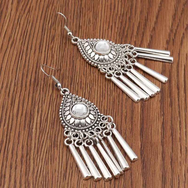 Seblasy New Vintage Tribal Jewelry Long Statement Hollow Crystal Water Droplet Dangle Earrings Stripe Tassel Drop Women | Украшения и