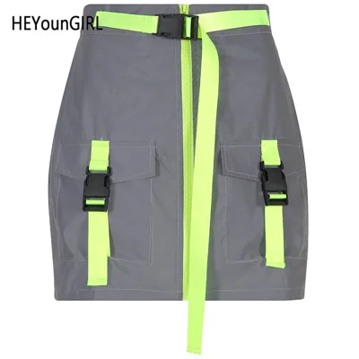 Reflective Skirt HEYounGIRL Светоотражающие юбки Харадзюку женские Лоскутные неоновые зеленые полоски Высокая талия юбка Корейская короткая юбка женская летняя - Цвет: Reflective Skirt