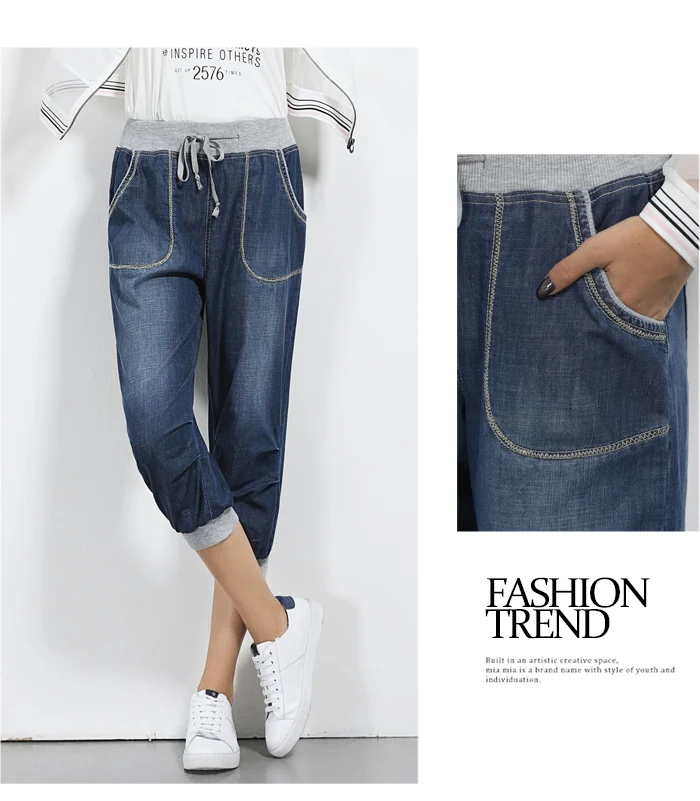 Женские свободные джинсовые капри LEIJIJEANS, повседневные мягкие синие спортивные капри из денима с эффектом потертости, удобные широкие джинсы с эластичной талией, большие размеры, лето