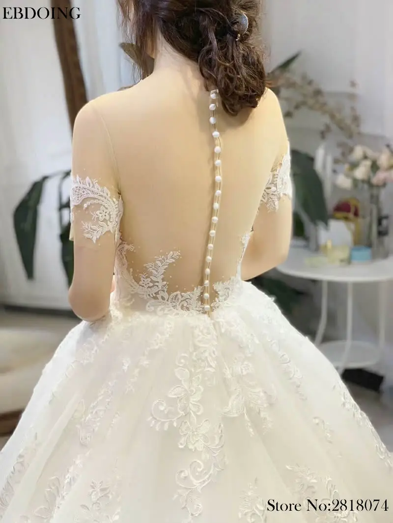 

EBDOING Wedding Dress Ball Gown O-neck Neckline Floor-length Plus Size Lace Appliqques Bridal Gown Vestidos De Novia