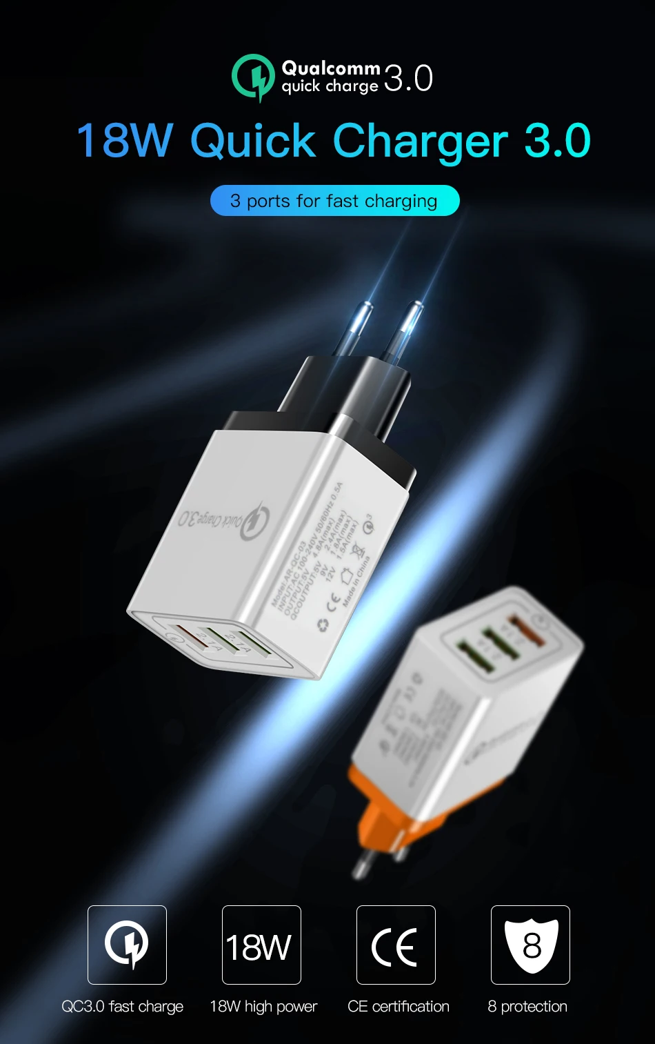 ACCEZZ 18 Вт USB зарядное устройство 3,0 Быстрая зарядка для samsung S8 S9 huawei P30 Xiaomi для iphone 8 X Быстрая зарядка EU штекер Адаптер для телефона