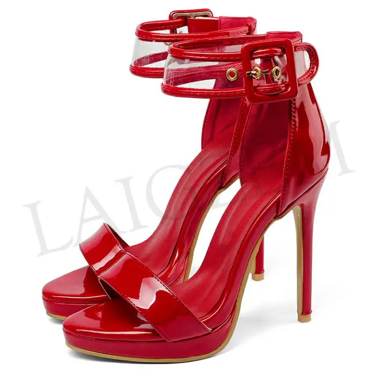 LGZ140 Red Patent LAIGZEM СУПЕР Ёенщин сандалии лодыжки ремень шпильках высокие каблуки сандалии перо летом участник Показать обувь Ёенщина пере Одевания косплей малый босоножки сандали женскиеь женская летняя плюс малый размер 33-52 - Цвет: LGZ140 Red Patent