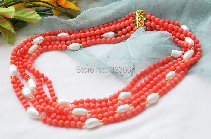 Натуральный 5row 21 &quotРозовая Коралловая бусина белый жемчуг в стиле барокко