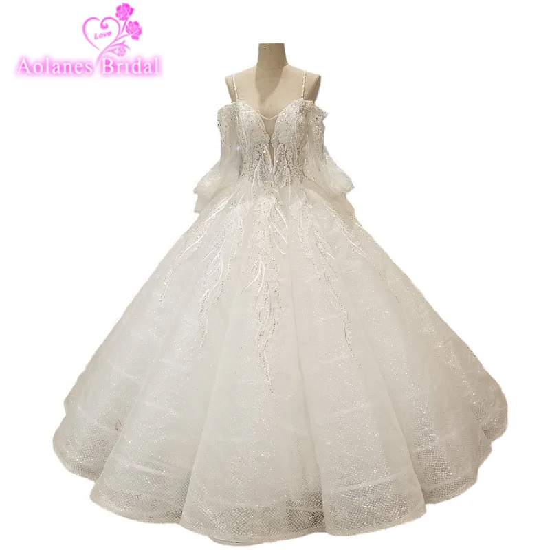 AOLANES 2018 Новые свадебные платья с длинными рукавами и кружевом цвета шампанского