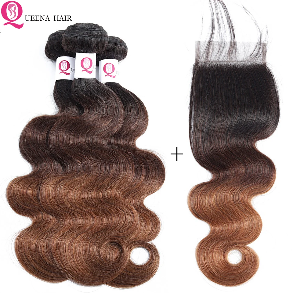 Ombre Raw Indian Hair Body Wave 3 Bundles With Closure 1B/4/30 Three Tone Color Remy Human Hair Swiss Lace Closure With Bundles