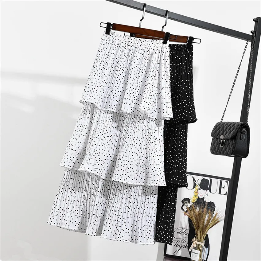 

2019 Big Size Spring Vintage Women Wave point Cake Skirts Sweety Girl Elastic Waist Pleated Skirt Midi Long Lady A-line Skirt738