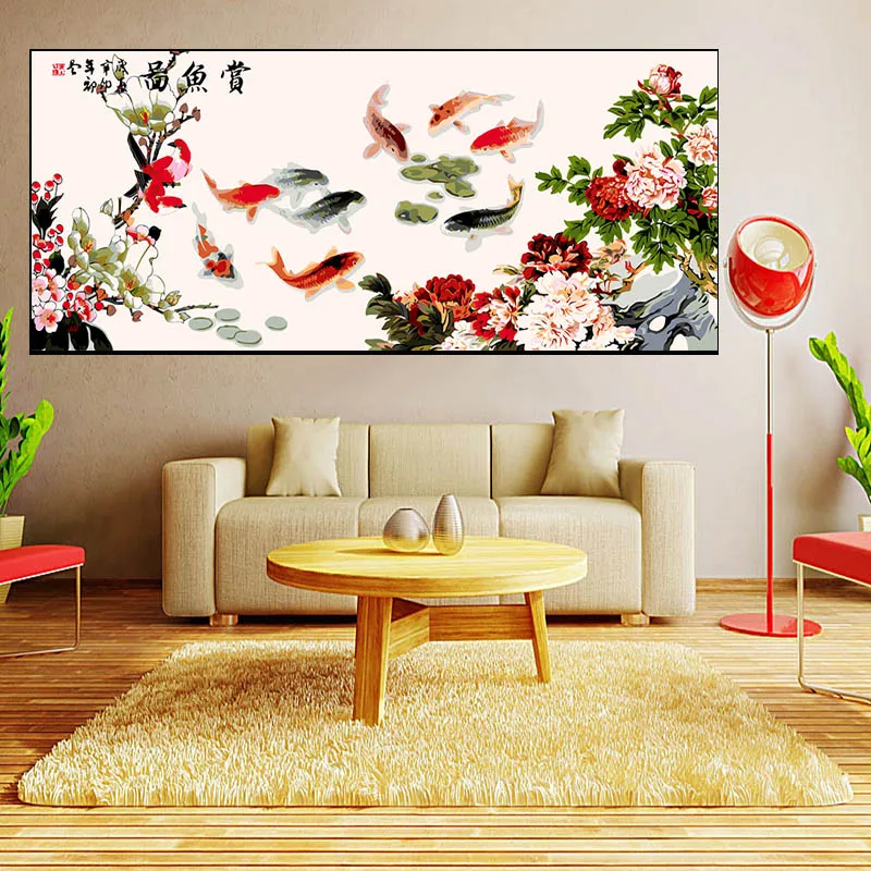 Безрамная DIY Краска по номерам 60x120 см вид Золотая рыбка акриловая краска по номерам современный большой размер настенная живопись холст - Цвет: HQ-shangyutu