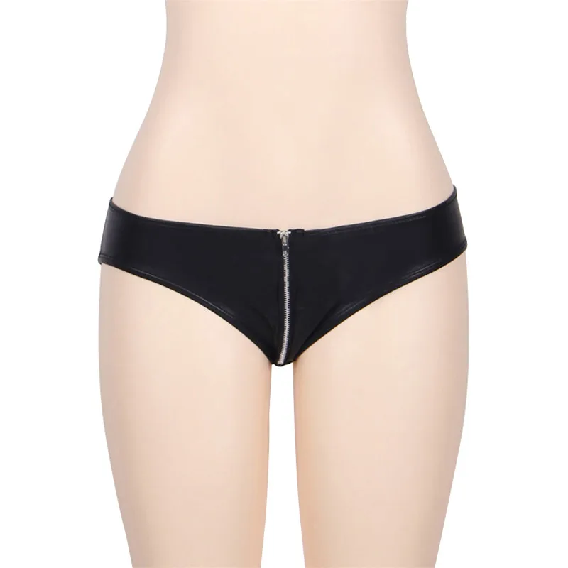 Women Sexy Lingerie Open Crotch Sexy Panties Crotchless Erotic Leather Underwear Cheeky Briefs with Zipper Front and Mesh Back