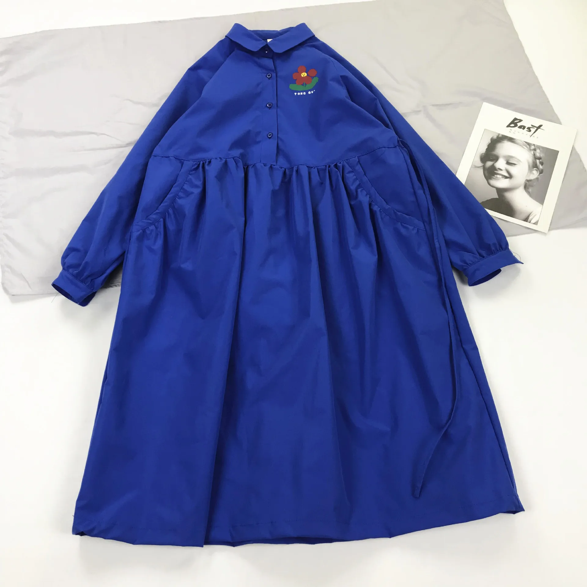 long sleeve Консервативный стиль лето весна женское Хлопковое платье с синим цветочным принтом женские свободные повседневные с высокой талией женские платья до середины икры - Цвет: long sleeve