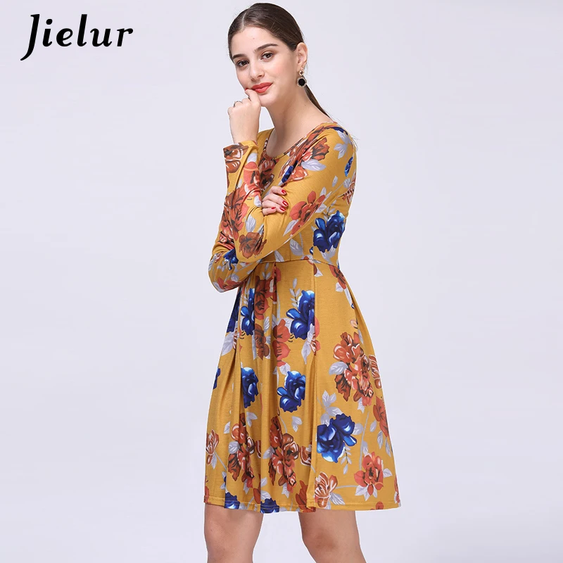 Jielur осень 2019 модное Цветочное платье с длинным рукавом женское элегантное vestidos