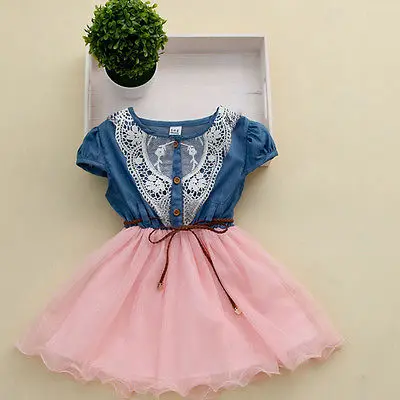 2015 Princess Girls Baby Kids Party Lace Dress With Leather Belt Denim Tops Tulle Gown Dresses 1-6Y |
