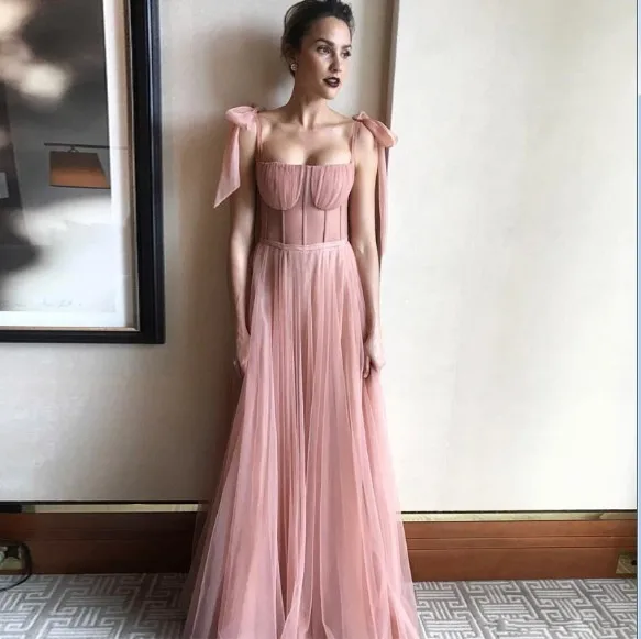 Розовый Robe De Soiree соблазнительное длинное с открытой спинкой вечернее платье простая небесно-голубая развертки поезд Формальное фатиновое Вечеринка, с низким вырезом на спине и бантом - Цвет: Розовый