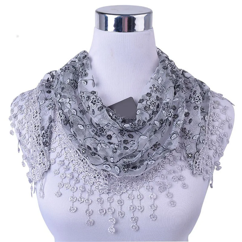 

New Brand design Summer Lady Lace Scarf Tassel Sheer Metallic Women Triangle Bandage Floral scarves Shawl L10A5108