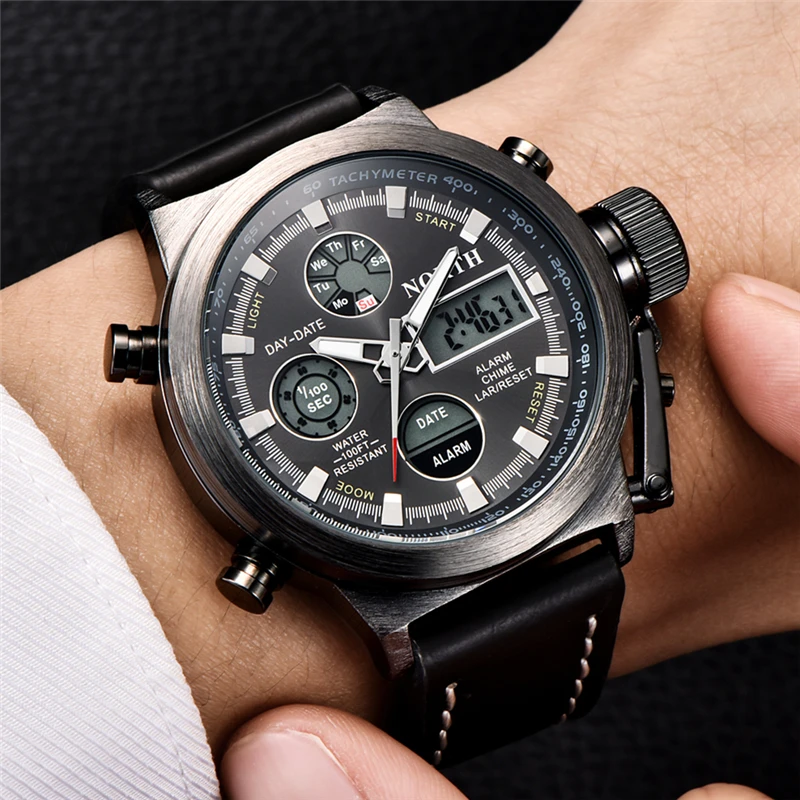 Часы NORTH Luxury Brand Мужские Аналоговые Цифровые Спортивные с кожаным ремешком