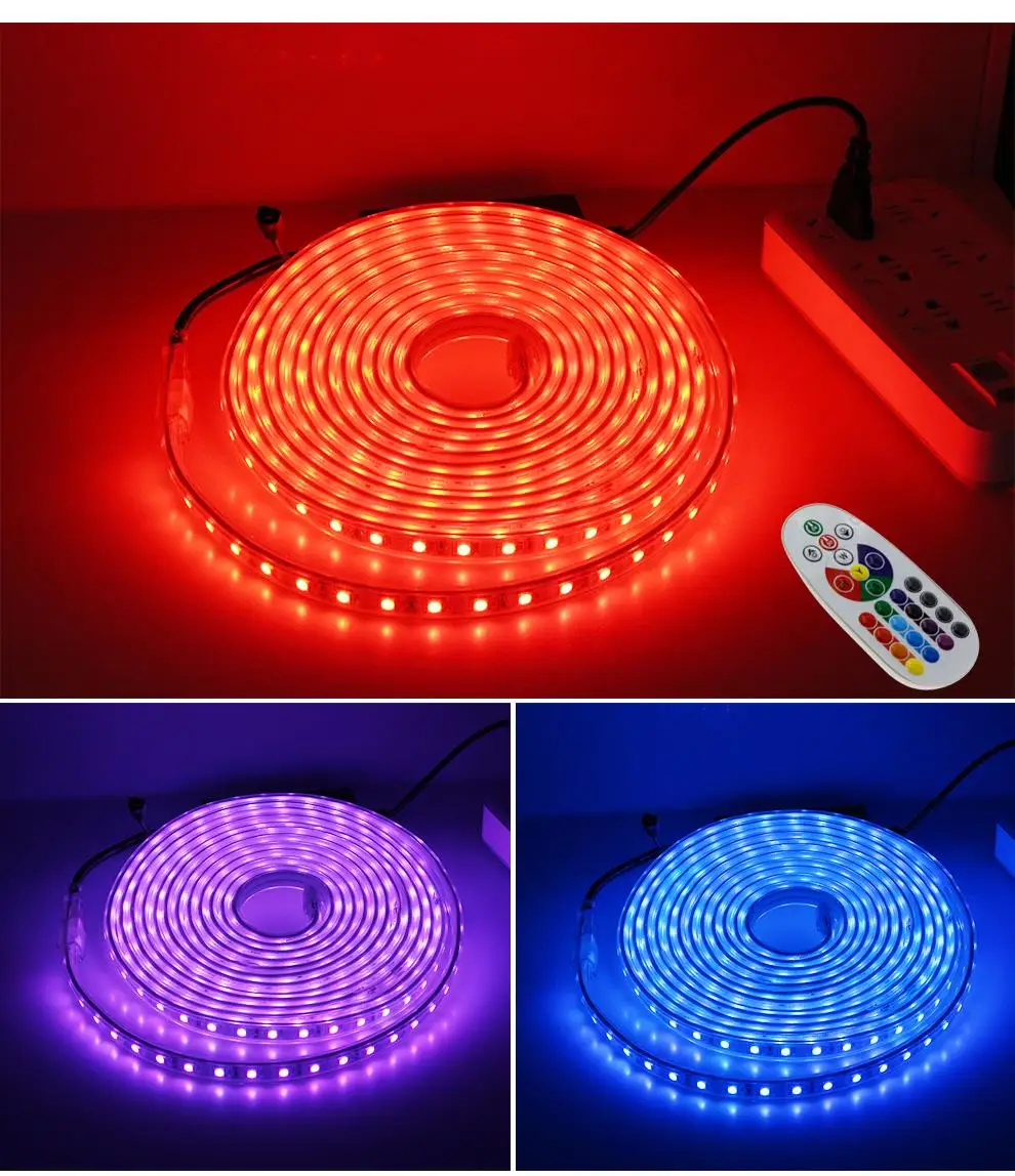 220 В RGB Светодиодная лента 5050 RGB Цвет сменный с 24-кнопочным пультом дистанционного управления Водонепроницаемый для наружного использования гибкая светодиодная лента