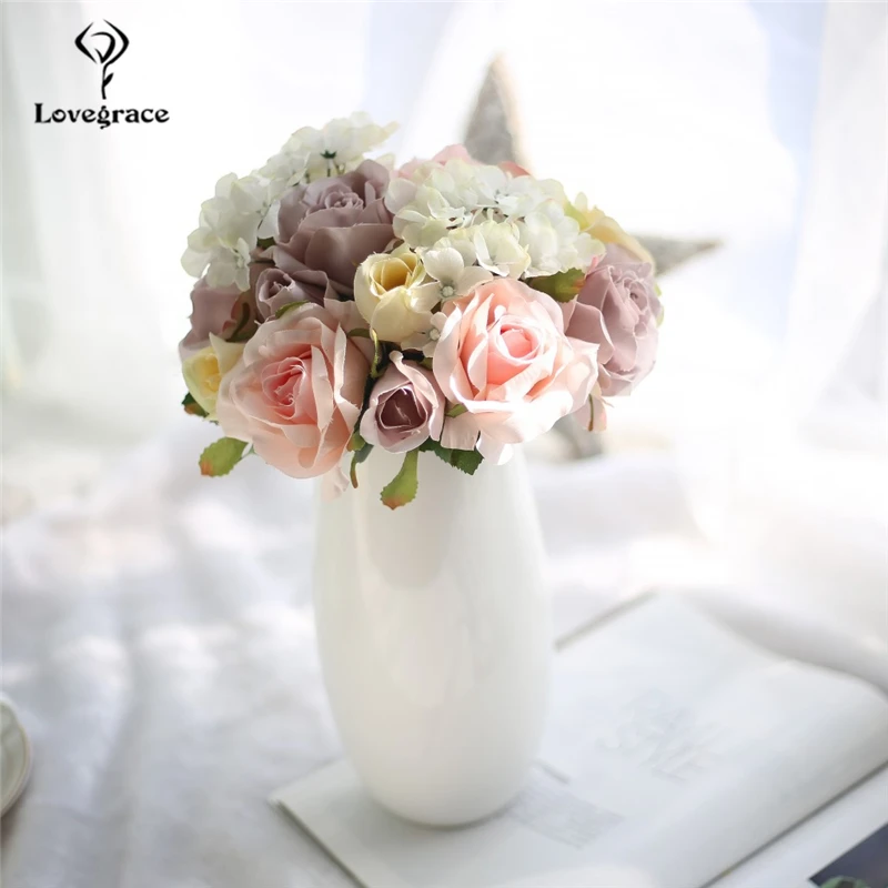 Фото Lovegrace искусственная шелковая Гортензия пион Ranunculus Posy Цветы Свадебный букет украшение для дома Свадебные аксессуары ручной работы №3