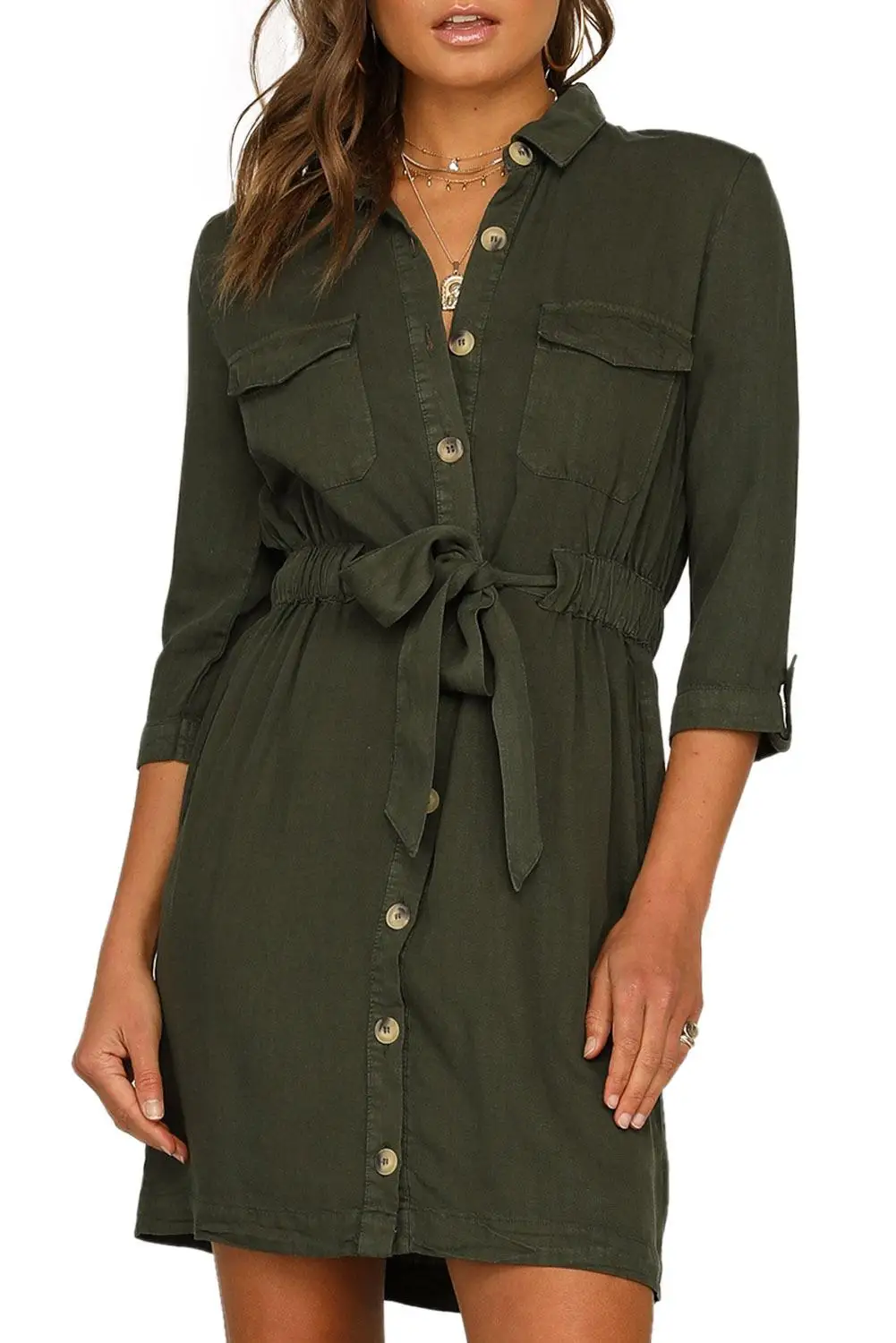 Женское платье рубашка с поясом на пуговицах рукавом 3/4|Женские платья| |