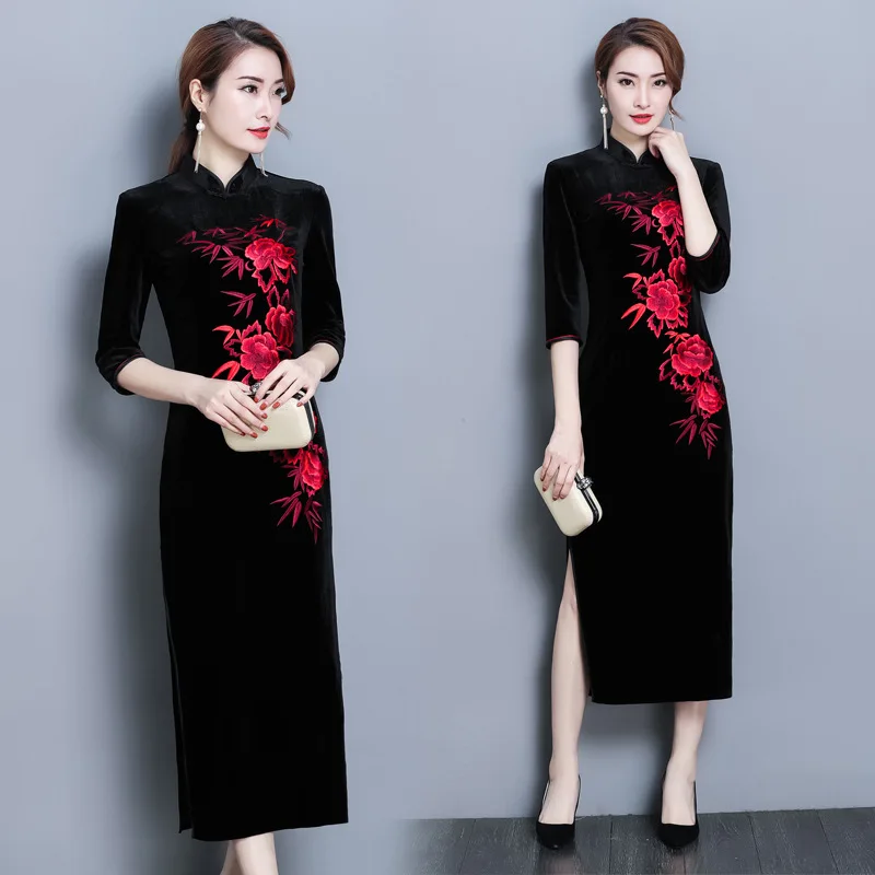 Китайское традиционное платье черного цвета Cheongsam Qipao велюровое вечернее с
