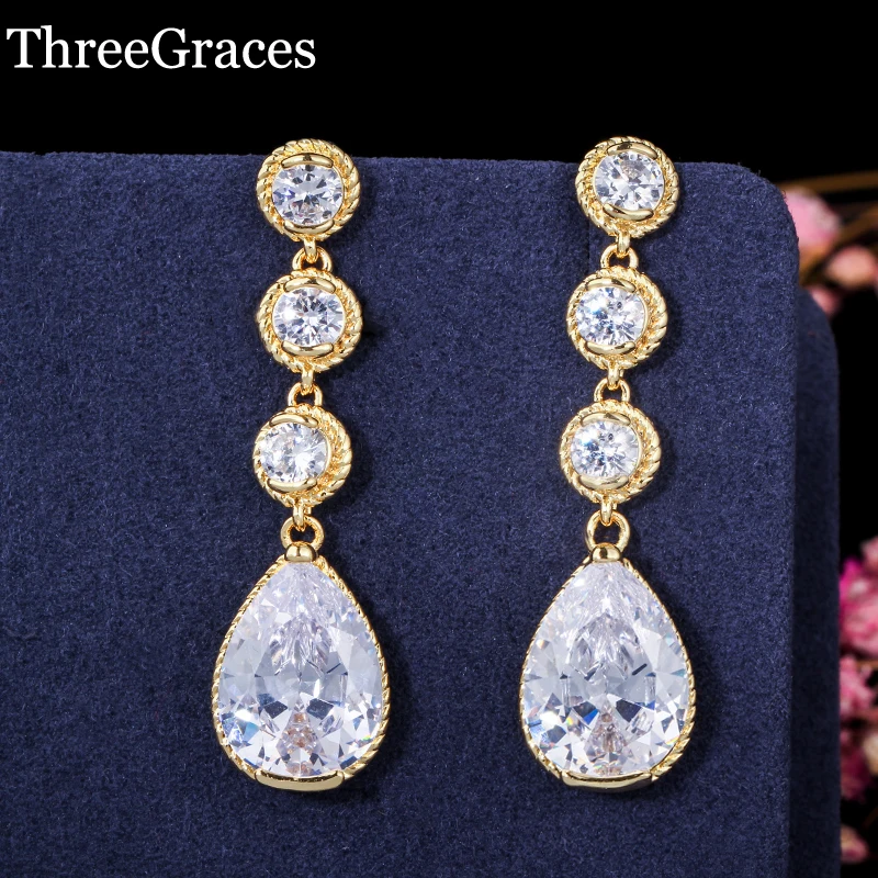Женские Висячие серьги ThreeGraces Длинные свадебные золотистого цвета с тремя