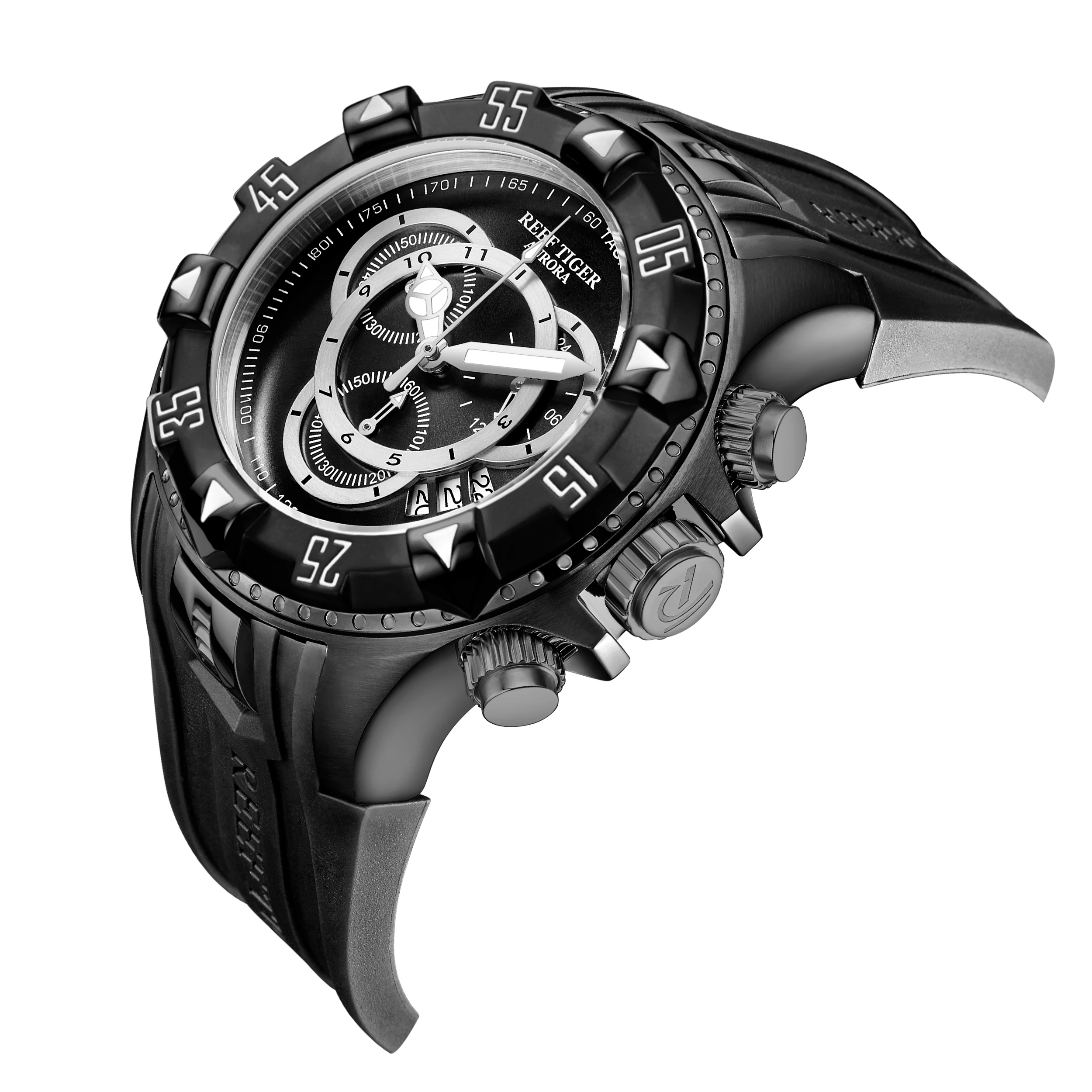 

Reef Tiger/RT Designer Sport Watches Super Luminous With Chronograph Date All Black Rubber Strap Casual Watches RGA303-2
