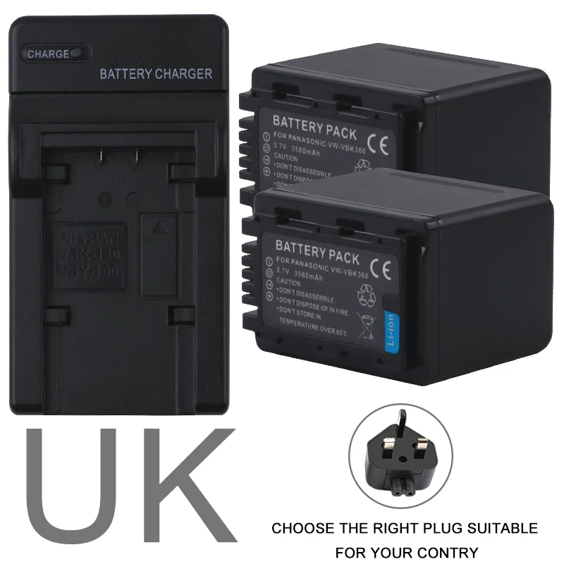 UK 3580 мА/ч, VW-VBK360 VW VBK360 VBK360 Батарея и Зарядное устройство для цифрового фотоаппарата Panasonic HDC-HS80 SD40 SD60 SD80 SDX1 SDR-H100 H85 H95 HS60 HS80 - Цвет: UK