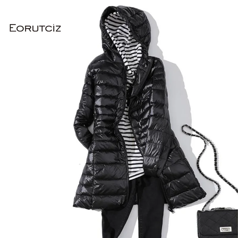 EORUTCIZ, зимнее длинное женское пальто, плюс размер, 7XL, ультра легкая теплая куртка с капюшоном, винтажное Черное Осеннее пуховое пальто LM171