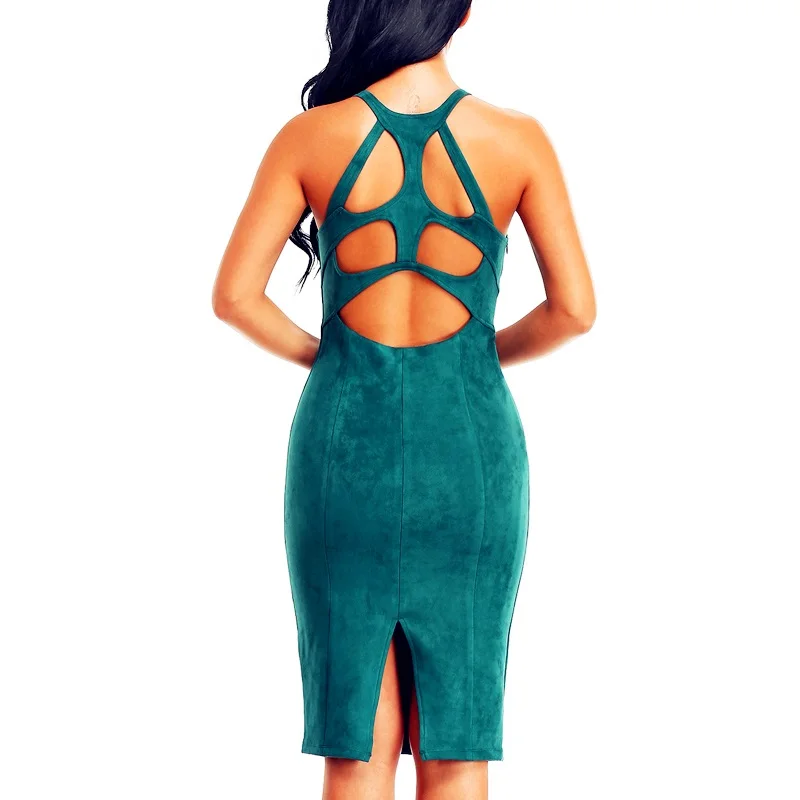 INDRESSME зеленое эластичное замшевое облегающее платье с вырезом и открытой