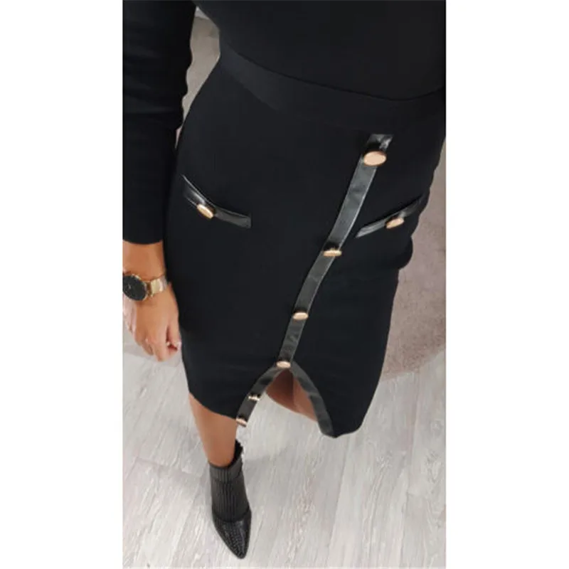 Для женщин Кнопка вязать Bodycon сексуальное платье с разрезом Мода 2019 г. черный