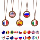 Ожерелье с национальным флагом, винтажное художественное украшение из дерева, США, НЛ, Россия, Испания кулон в форме флага, бижутерия со стеклянными кабошонами, деревянная веревочная цепь, подарок