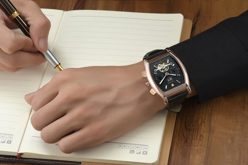 TEVISE Мужские автоматические часы Tonneau с циферблатом стимпанк Tourbillon часы Механические самовздувающиеся кожаные Наручные часы с календарем 8383B