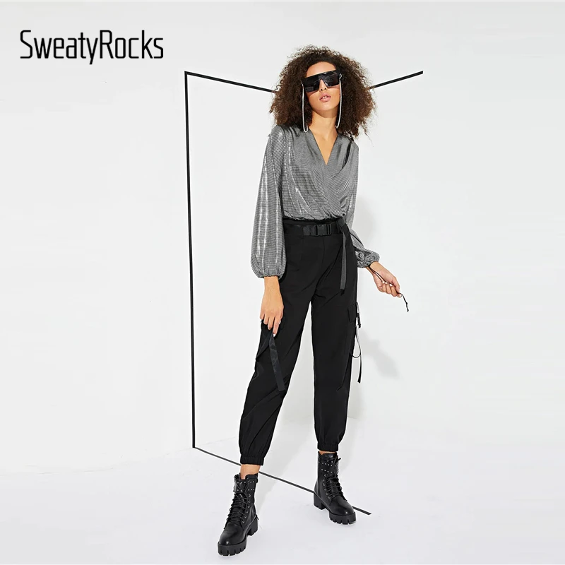 SweatyRocks, однотонные брюки-карго с карманами, уличная одежда, женские черные брюки в стиле рок, весна, женские повседневные брюки с поясом