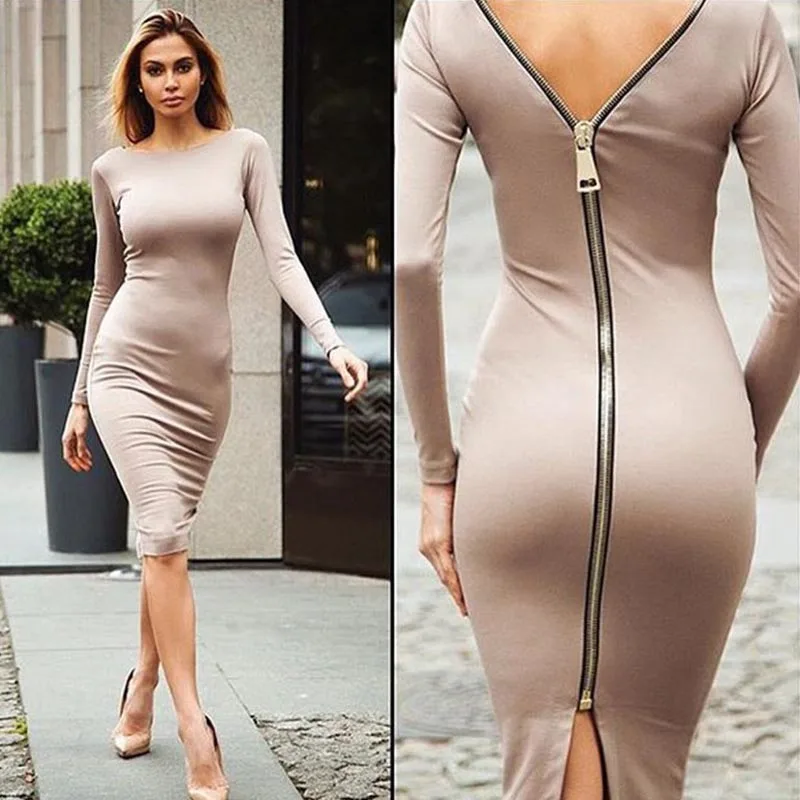 Женское вязаное платье до колена на молнии с молнией сзади для ночного клуба
