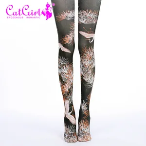 Разрушенные женские облегающие колготки, колготки, черные колготки с принтом Журавля, колготки для девочек