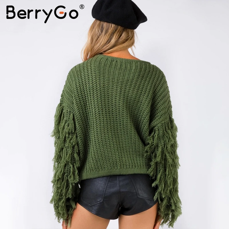 Женский свитер с длинным рукавом BerryGo повседневный армейский зеленый круглым