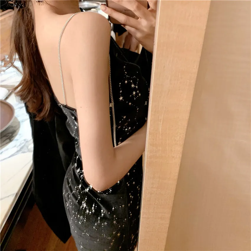 Реальный выстрел черный бархат блестящие звезды Лето v образным вырезом Женская