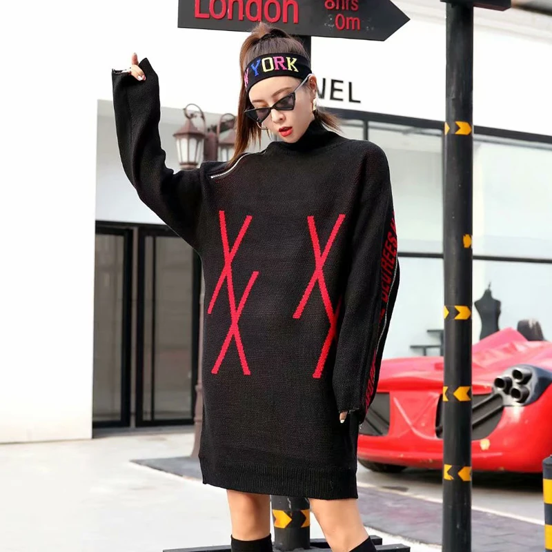 Tide brand 2018 autumn and winter new personality high collar handsome knit letter zipper color matching long sweater women | Женская