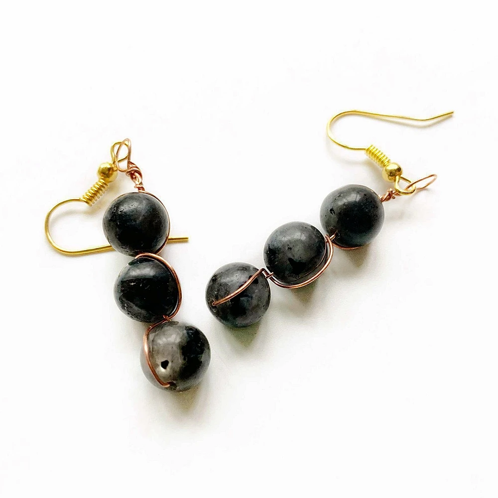 Natural Black Labradorite Earrings Copper Wire Wrapped 8mm Stone Beads Dangle Hook Gold-color Jewelry | Украшения и аксессуары