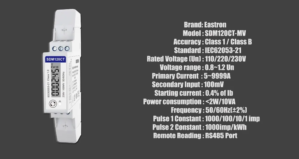 SDM120CT-MV+ ESCT-TU10 50A/0,1 V, 1 фаза 2 провода, 230 V, RS485 Modbus, измерения кВт-ч, кварх, U, I, P, Q, PF, Hz, dmd, счетчик энергии на din-рейке