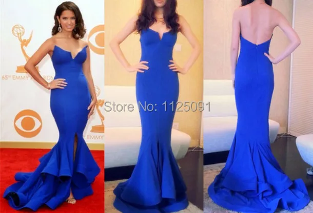 

Fast Shipping Sexy V Neck Celebrity Dress Sleeveless Blue Stain Prom Dress Mermaid Backless Evening Dress Custom Made Size