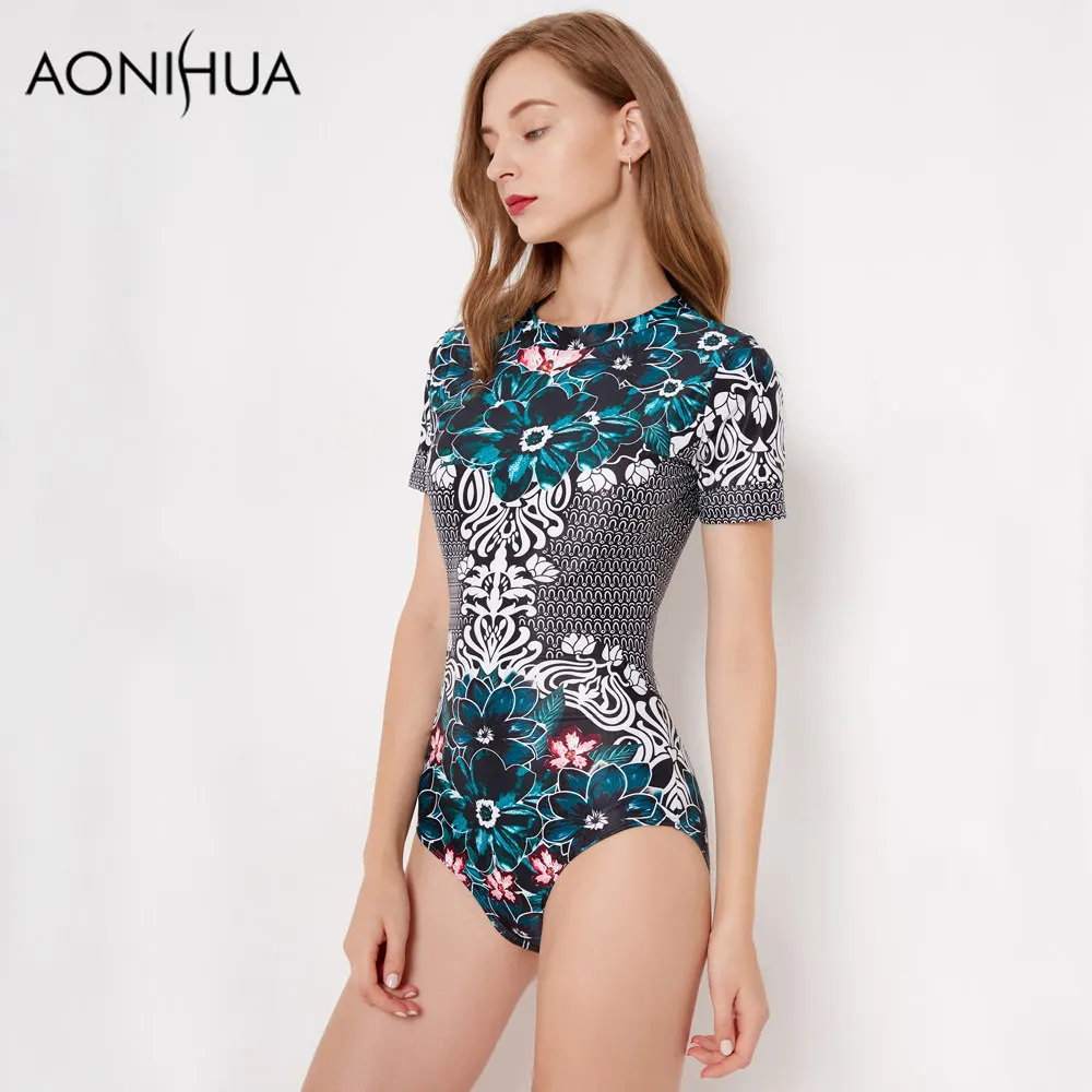 Женский слитный купальник AONIHUA с коротким рукавом в стиле ретро зеленым