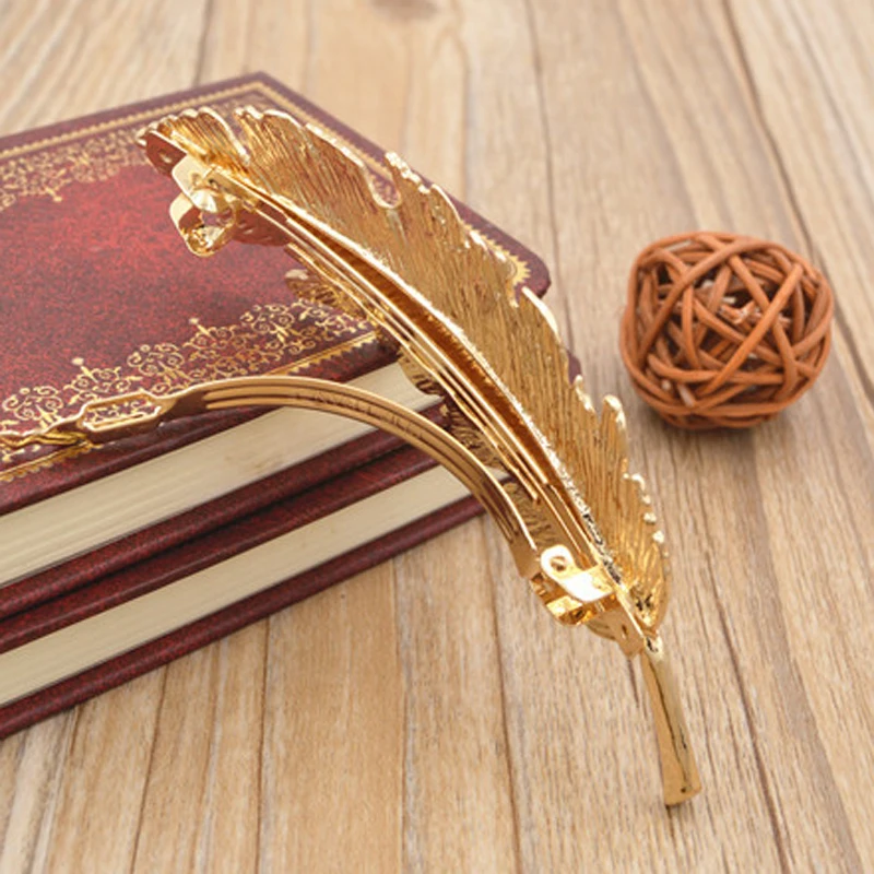 Винтажная заколка для волос в стиле ретро большая золотая бронзовая с перьями