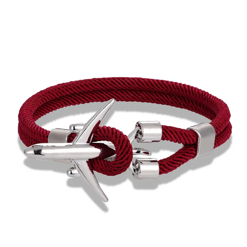 Silver Dark red Горячая самолет мужские якорь мужской браслет красочные веревки самолет пара Женские Браслеты lucky Love аэропорт подарок ювелирные изделия - Окраска металла: Silver Dark red