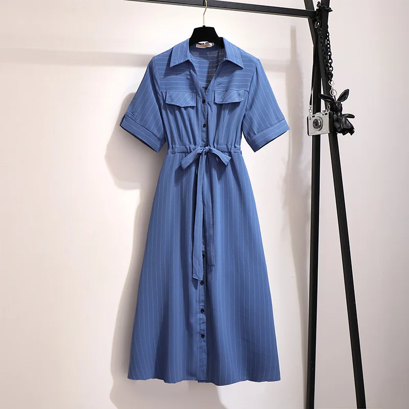 2XL-6XL, плюс размер, летнее платье в полоску,, повседневное, свободное, для женщин, большой размер, OL, рубашка, платье, на пуговицах, для девушек, офисное, шифоновое платье - Цвет: blue