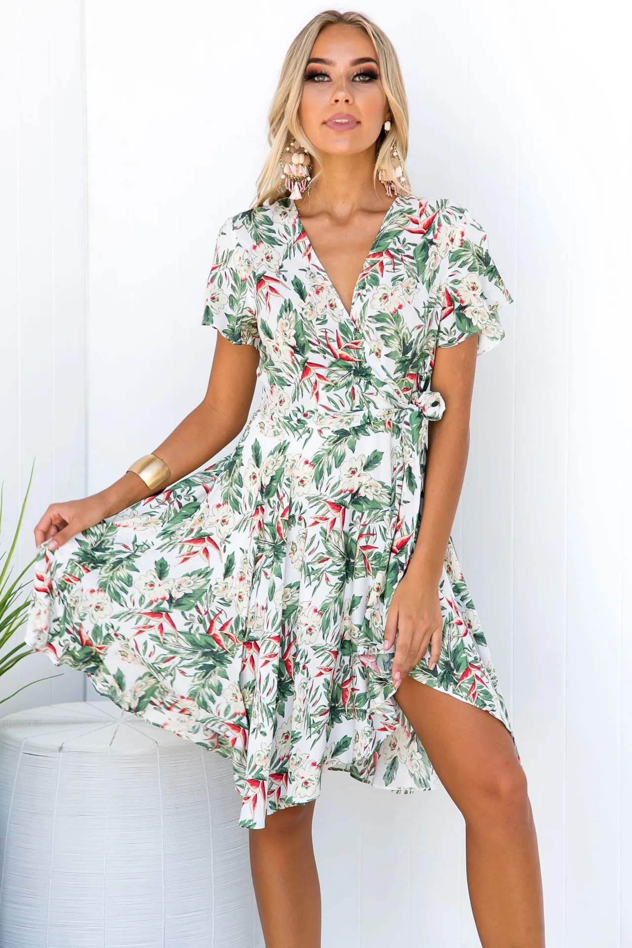 Женское повседневное пляжное платье с цветочным принтом и рукавами-фонариками