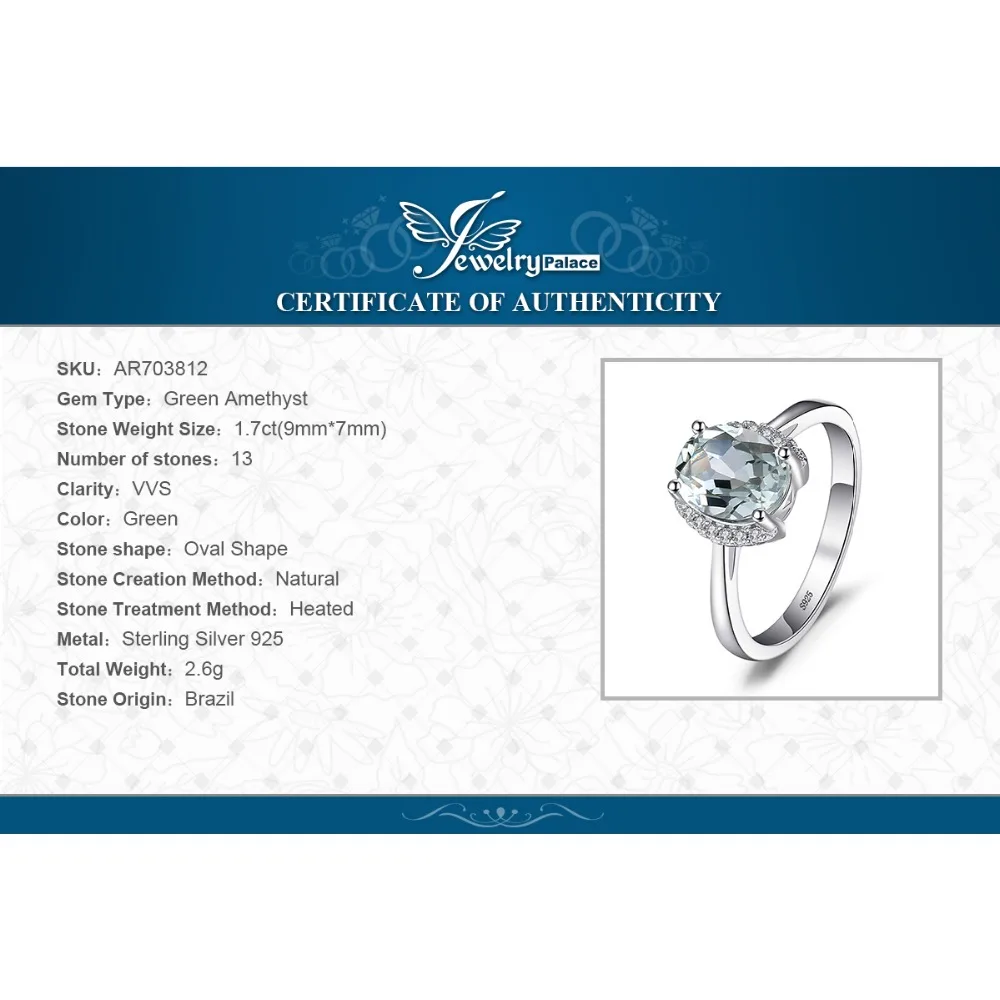 Jewelrypalace Марка овальные 1.8ct натуральный камень зеленый аметист Обручение кольцо