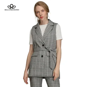 Женский клетчатый Блейзер Bella Philosophy, повседневный жилет без рукавов с карманами, офисное однобортное пальто, верхняя одежда для весны, 2019