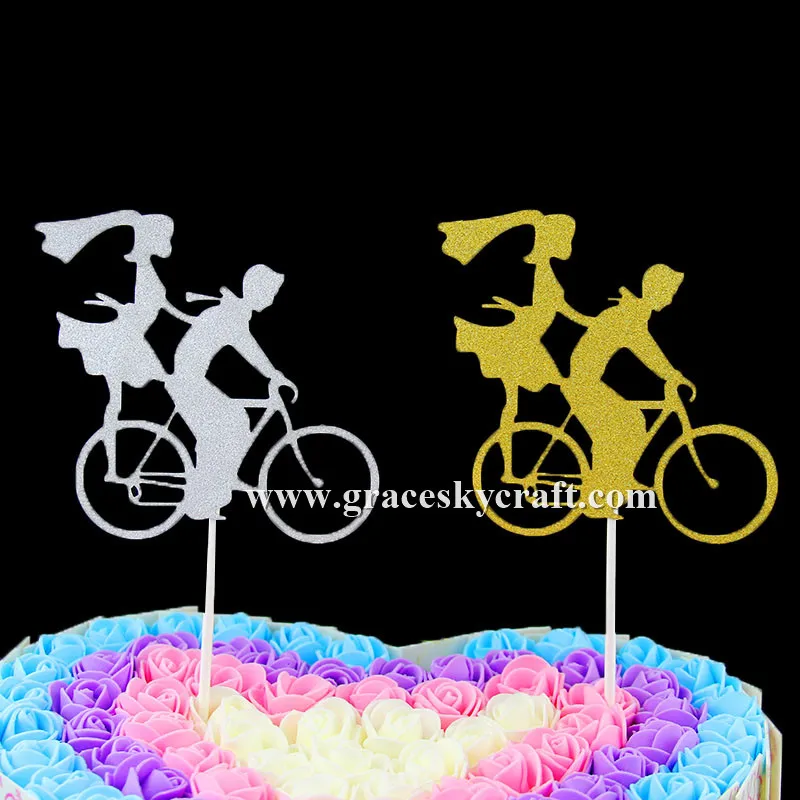 

12pcs free shipping Glitter Wedding Birthday Cakes Toppers Boy and Girl in Bike design Party Home Supplies Favors cupcake picks