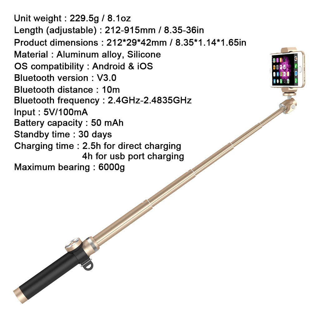 Bluetooth палка для селфи Выдвижная ручной монопод + Клип держатель затвора Пульт