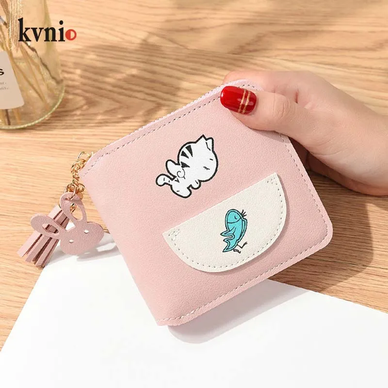 Кошелек KVNIO с принтом кот ест рыбу кошелек кисточкой Женский милый мультяшный для